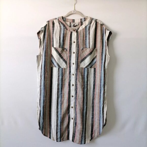 For The Republic Women's Multicolor Long Side Slit Striped Button-Up Top Size L - Picture 1 of 6